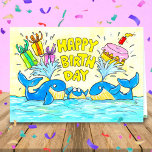 Cartão Cute Whales Happy Birthday Greeting<br><div class="desc">This cute birthday card features a family of whales who are celebrating the little one's birthday with a big birthday cake and lots of presents. Send this fun birthday card to friends and family to congratulate them on their birthday or use it as a fun birthday party invitation. A great...</div>