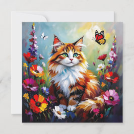 Cartão Cute Whimsical Cat, Flowers and Butterflies