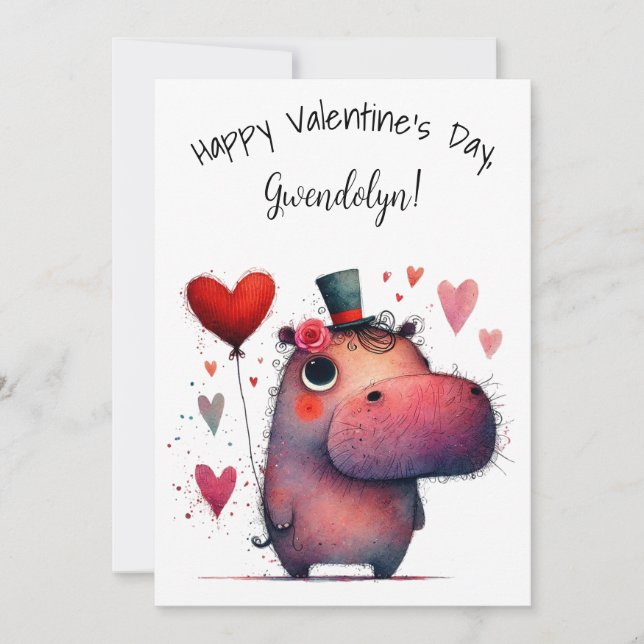 Cartão Cute Whimsical Hippo Valentine's Day Flat (Frente)