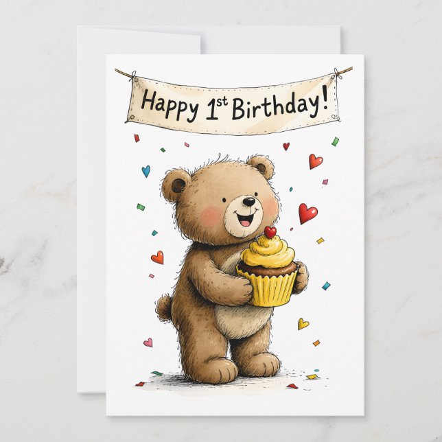 Cartão Cute Whimsical Teddy Bear Happy 1st Birthday Flat (Frente)