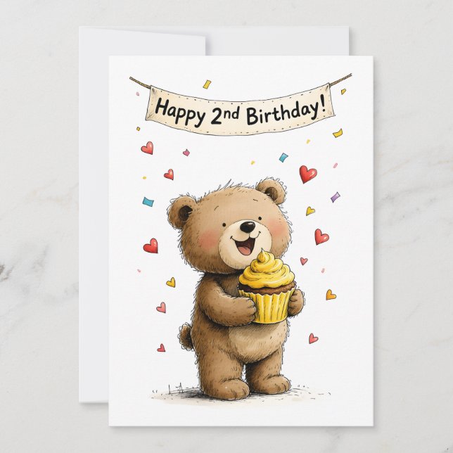Cartão Cute Whimsical Teddy Bear Happy 2nd Birthday Flat (Frente)