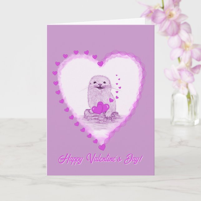 Cartão Cute White Baby Sea Otter , Happy Valentines Day (Orquídea)