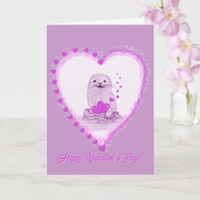 Cartão Cute White Baby Sea Otter , Happy Valentines Day (Orquídea)
