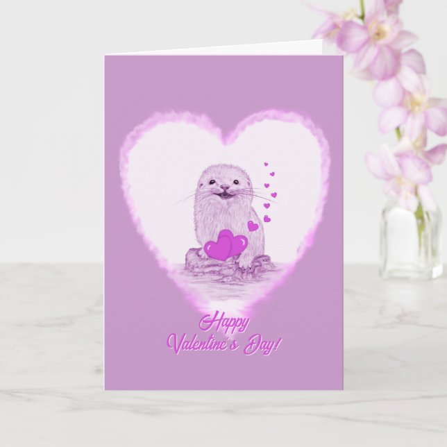 Cartão Cute White Baby Sea Otter , Happy Valentines Day (Orquídea)