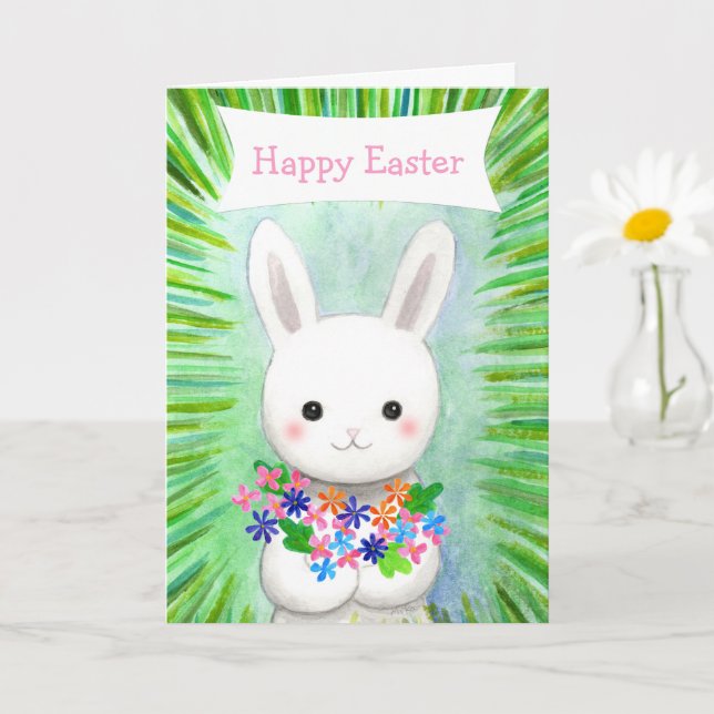 Cartão Cute White Bunny Rabbit Custom Text Happy Easter (Planta pequena)