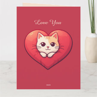 Cartão Cute White Cat with Heart Kawaii Kitty Love Design