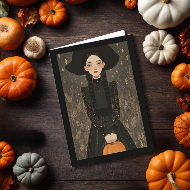 Cartão Cute Witch Girl Hat & Pumpkin Kids Halloween (Criador carregado)