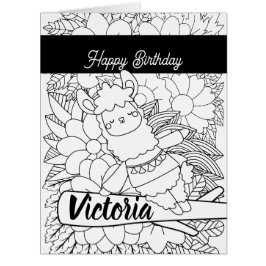 Cartão Cute Yoga Llama Aniversário Floral Colorir
