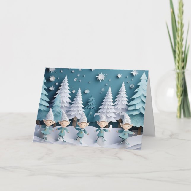 Cartão Cutout Elves in the Snow Personalized Christmas  (Frente)