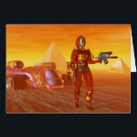 Cartão CYBORG ARES EM HIPERION Science Fiction<br><div class="desc">Caractere ciborgue Ares,  quadro de animação do filme 3D Hyperion.Desert é semelhante ao Egito,  Sol,  pirâmides,  templo.Baldesign3d (c) Imagem artística,  colorida e brilhante de ficção científica.</div>