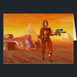 Cartão CYBORG ARES EM HIPERION Science Fiction<br><div class="desc">Caractere ciborgue Ares,  quadro de animação do filme 3D Hyperion.Desert é semelhante ao Egito,  Sol,  pirâmides,  templo.Baldesign3d (c) Imagem artística,  colorida e brilhante de ficção científica.</div>