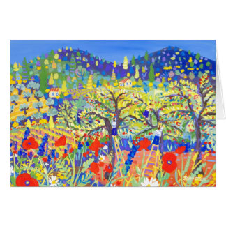 Cartão da arte: Cerejas, papoilas e margaridas,