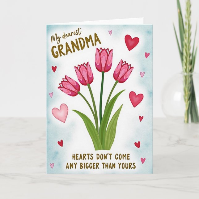 Cartão da Avó Tulipa Rosa de Coração (Frente)