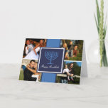 Cartão da bandeira de Hanukkah Menorah<br><div class="desc">Cartão da bandeira de Hanukkah Menorah. Uma bandeira azul rica com um centro do menorah de Hanukkah adiciona o estilo a seu cartão de cartões de natal. Apenas selecione quatro fotos pessoais para espalhar o elogio do feriado e o poço deseja a todos em sua lista.</div>