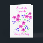 Cartão da flor do aniversário da madrasta<br><div class="desc">Flores cor-de-rosa e azuis bonito em um cartão customizável para o aniversário da mãe da etapa. Adicione a mensagem e os nomes,  o dela e o seu. Faça-o pessoal. Arte de Digitas,  design floral,  contemporâneo.</div>