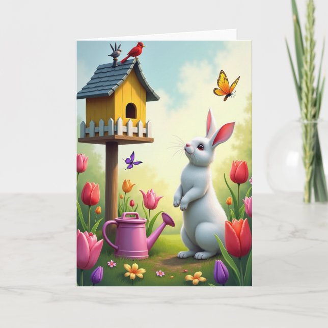 Cartão da Lebre da Primavera e da Casa de Pássaros (Frente)