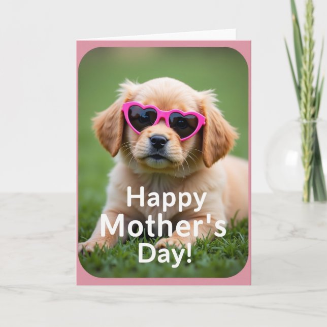 Cartão da Mãe do Cachorrinho com Óculos de Coração (Frente)