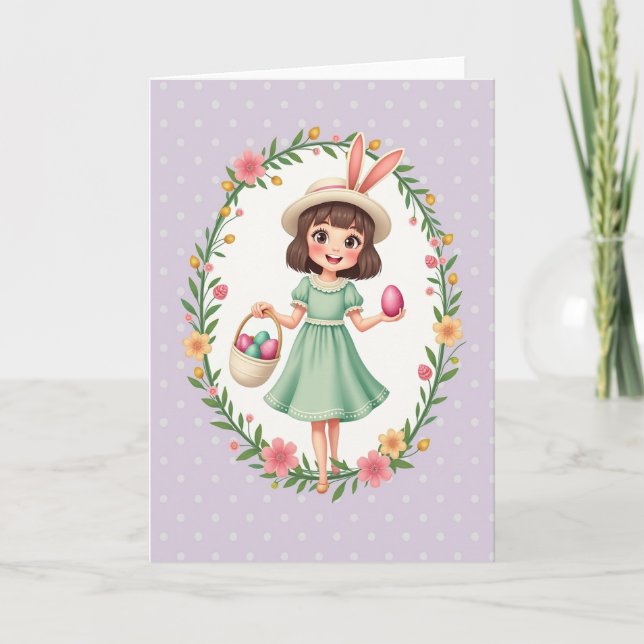 Cartão da Menina da Primavera com Bolinhas (Frente)