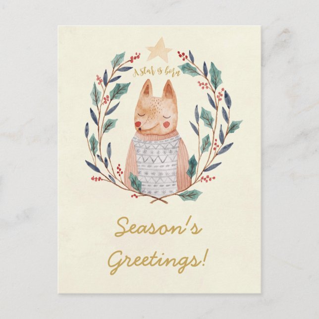 Cartão da raposa da grinalda do azevinho do Feliz (Frente)