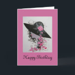 CARTÃO DA SENHORA ANIVERSÁRIO DO VINTAGE<br><div class="desc">O design original pela senhora bonita do vintage de Dian ... ...  A com um grande chapéu de imagem decorou com rosas,  um prazer para ver e receber. Um cartão perfeito para alguma mulher que amar a beleza intemporal de eras do vintage. Esse de um original amável!</div>