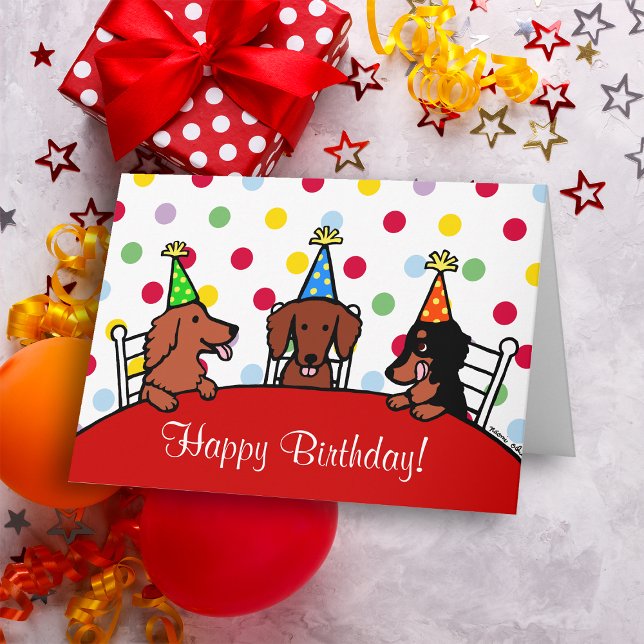 Cartão Dachshund Birthday Cartoon (Dachshund Cartoon Birthday Card for Doxie Owners!  Colorful polka dot background.  Cute three pups.)