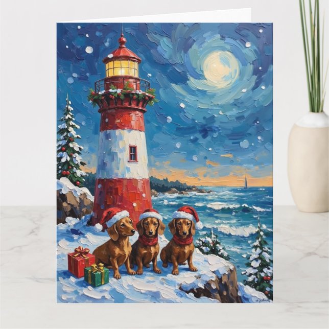 Cartão Dachshund Christmas Lighthouse Holiday (Frente)