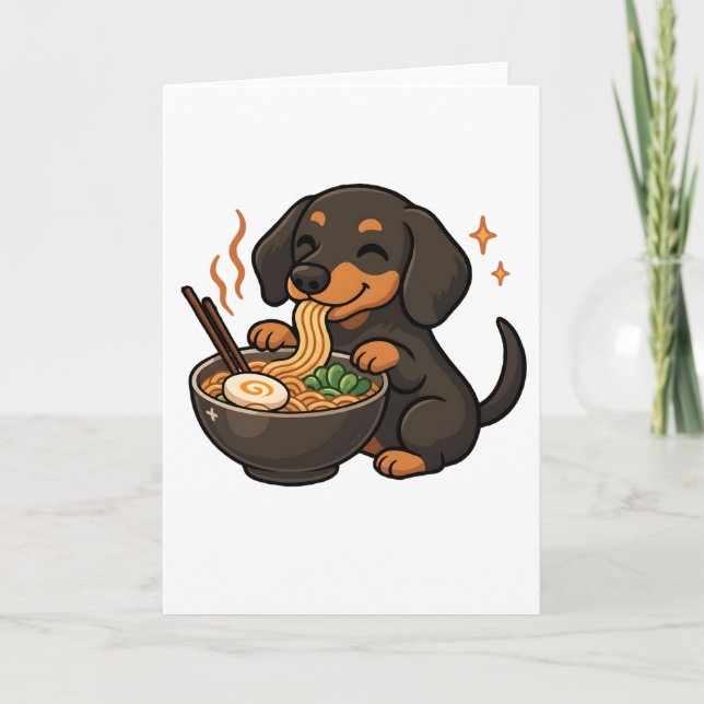 Cartão Dachshund com Macarrão Ramen Kawaii Cachorro (Frente)