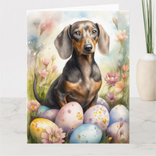 Cartão Dachshund com Ovos de Páscoa
