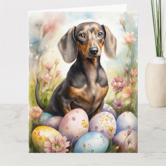 Cartão Dachshund com Ovos de Páscoa (Frente)