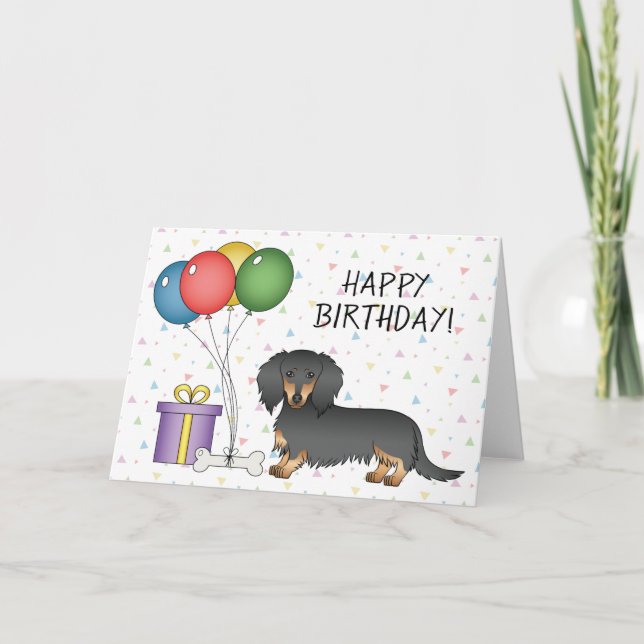 Cartão Dachshund de Cabelo Longo Preto e Castanho Feliz A (Frente)