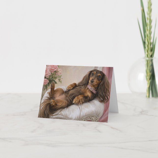 Cartão Dachshund de Cabelo Longo Te Amo  (Frente)