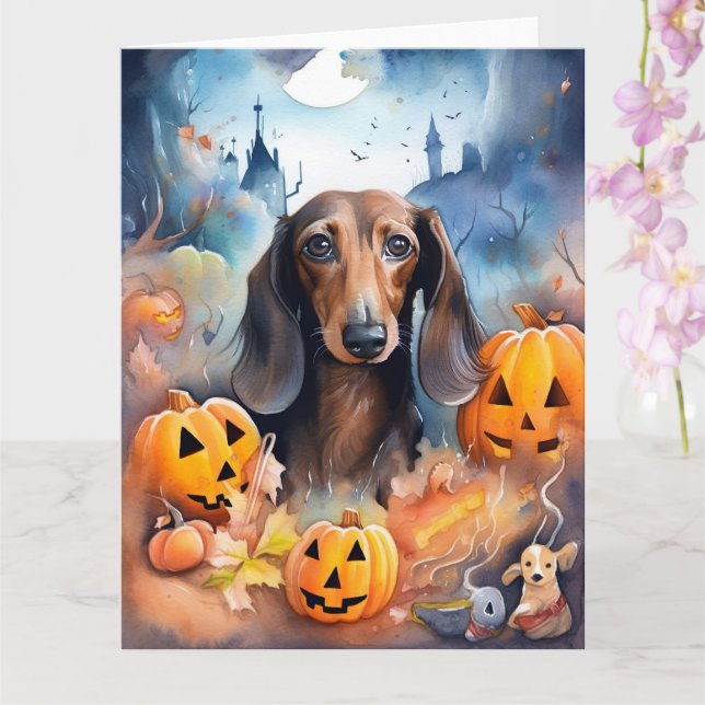 Cartão Dachshund de Halloween com Abóboras Assustadoras (Orquídea)