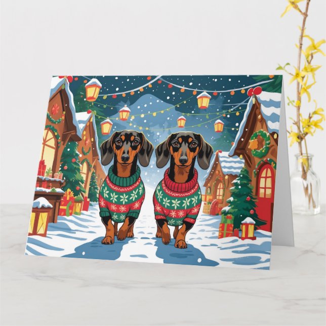 Cartão Dachshund Dogs Feriado de Natal (Flor Amarela)