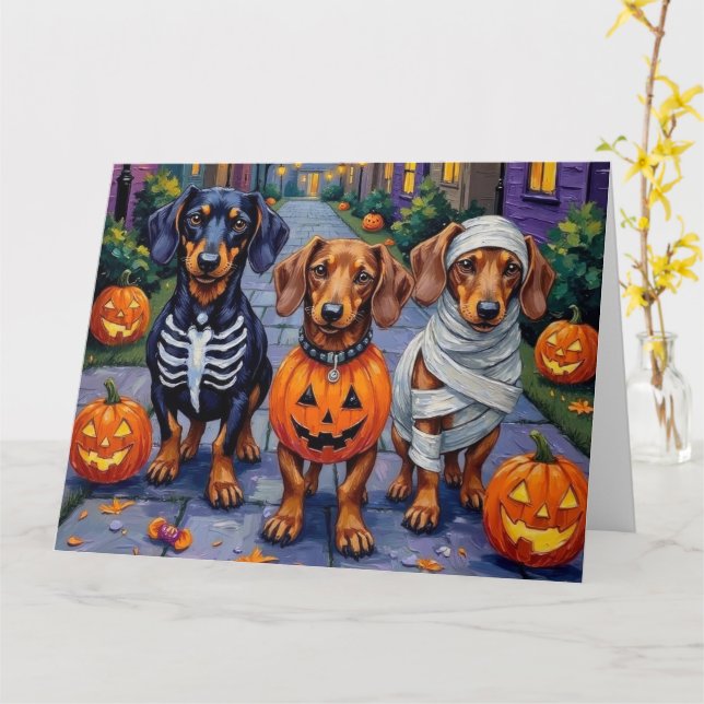 Cartão Dachshund Dogs Trick-or-Tratating in Halloween (Flor Amarela)