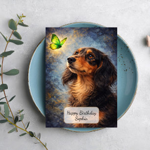 Cartão Dachshund e Borboleta Verde