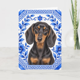 Cartão Dachshund Elegante Azul e Branco Chinoiserie