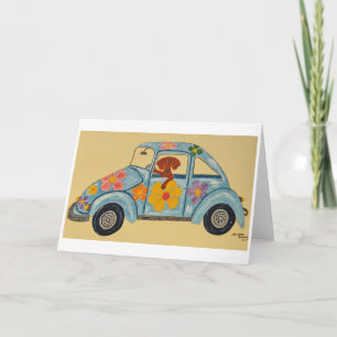 Cartão Dachshund em carro hippie