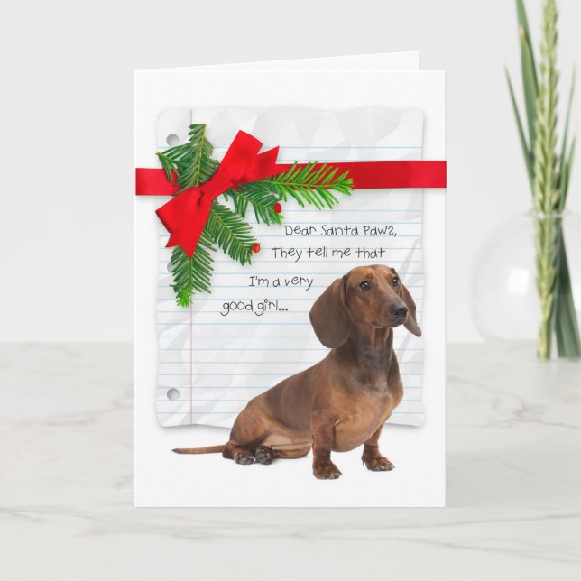 Cartão Dachshund Engraçado Boa Menina Natal (Frente)