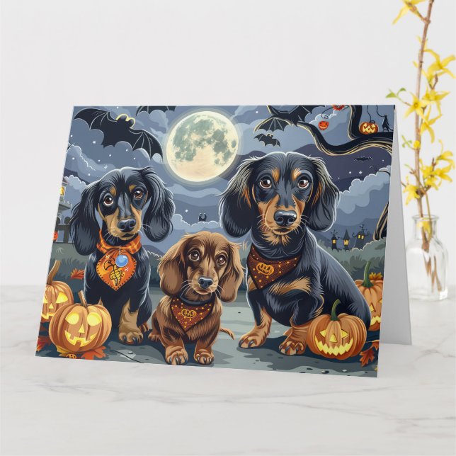Cartão Dachshund Halloween Assustador  (Flor Amarela)