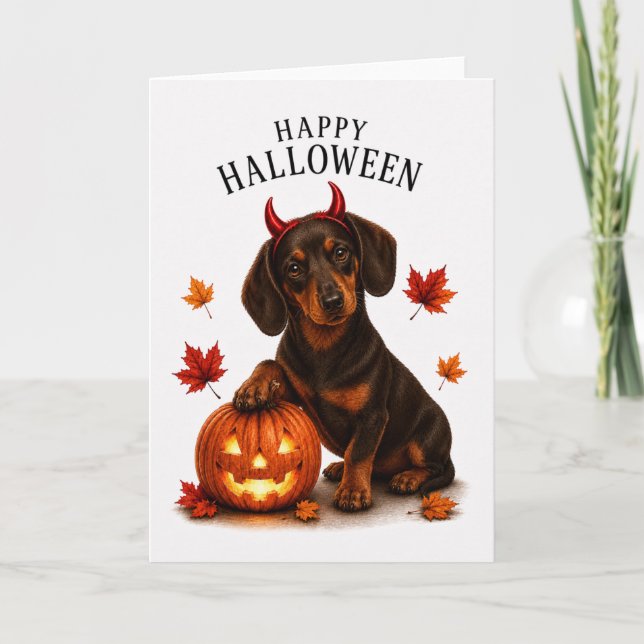 Cartão Dachshund Halloween Diabo Cão (Frente)