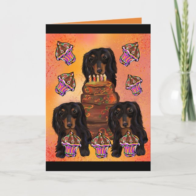 Cartão Dachshund preto de pelo longo (Frente)