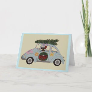 Cartão Dachshund Preto e Castanho em Carro Hippie no Nata