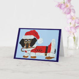 Cartão Dachshund Preto e Castanho Papai Noel com um Bastã