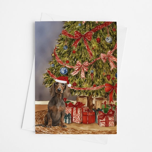 Cartão Dachshund Watercolor Sob a Árvore de Natal (Criador carregado)