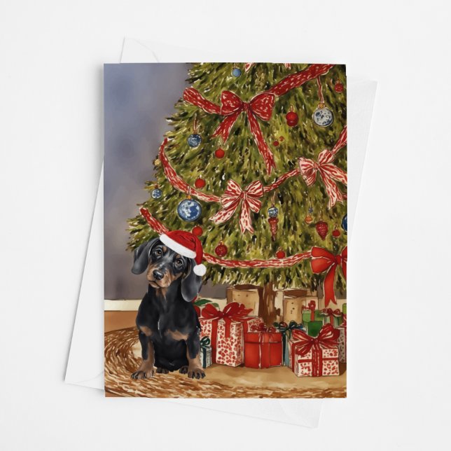 Cartão Dachshund Watercolor Sob a Árvore de Natal (Criador carregado)
