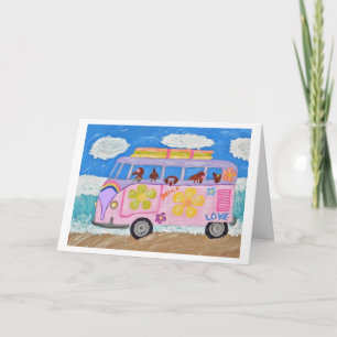 Cartão Dachshunds Hippies em Van de Criança Flor na Praia