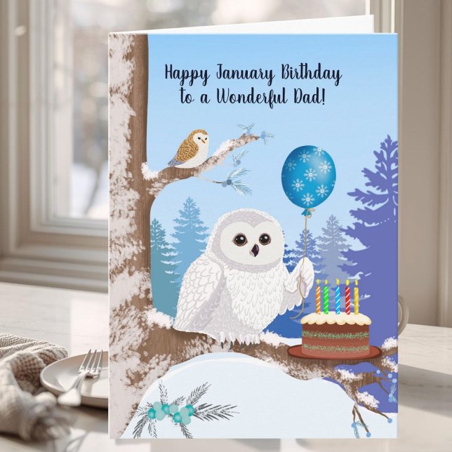 Cartão Dad Happy January Birthday Snowy Owl (Criador carregado)