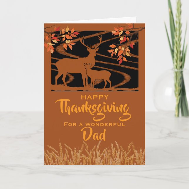 Cartão Dad Thanksgiving Deer in Field Fall Leaves (Frente)