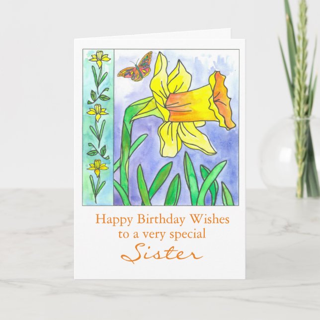 Cartão Daffodil Watercolor Flower Happy Birthday Irmã (Frente)