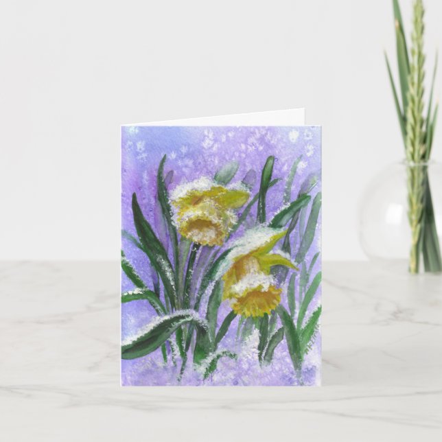 Cartão Daffodils de aquarelas na neve com dentro vazio (Frente)